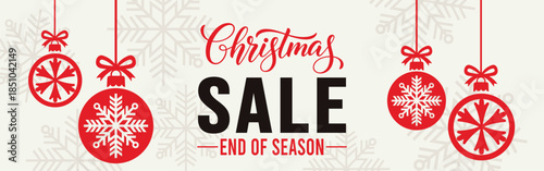 Elegant Christmas sale banner with white background, bold SALE typography and end of season text, decorated with red hanging snowflake baubles and subtle snowflake pattern, perfect for winter retail.