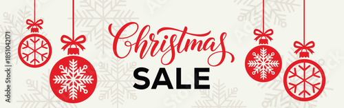 Elegant Christmas sale banner with white background, bold SALE typography and end of season text, decorated with red hanging snowflake baubles and subtle snowflake pattern, perfect for winter retail.