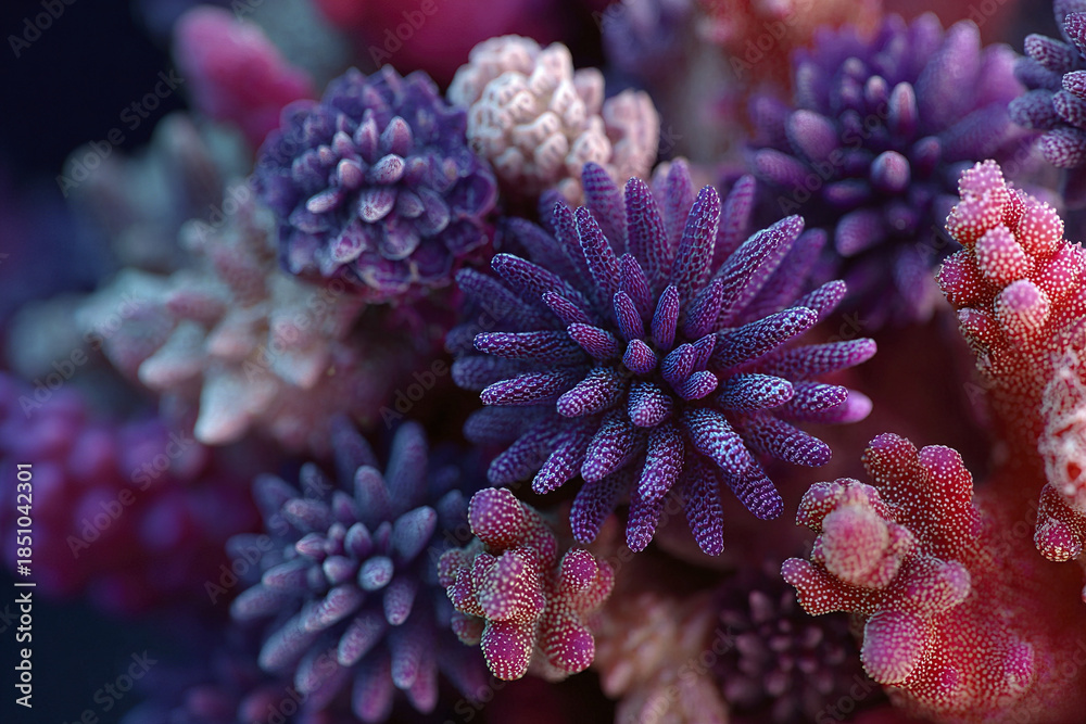 Fototapeta premium Colorful coral close up macro photography showing detailed marine life texture and natural underwater pattern with vibrant purple and pink hues in ocean environment