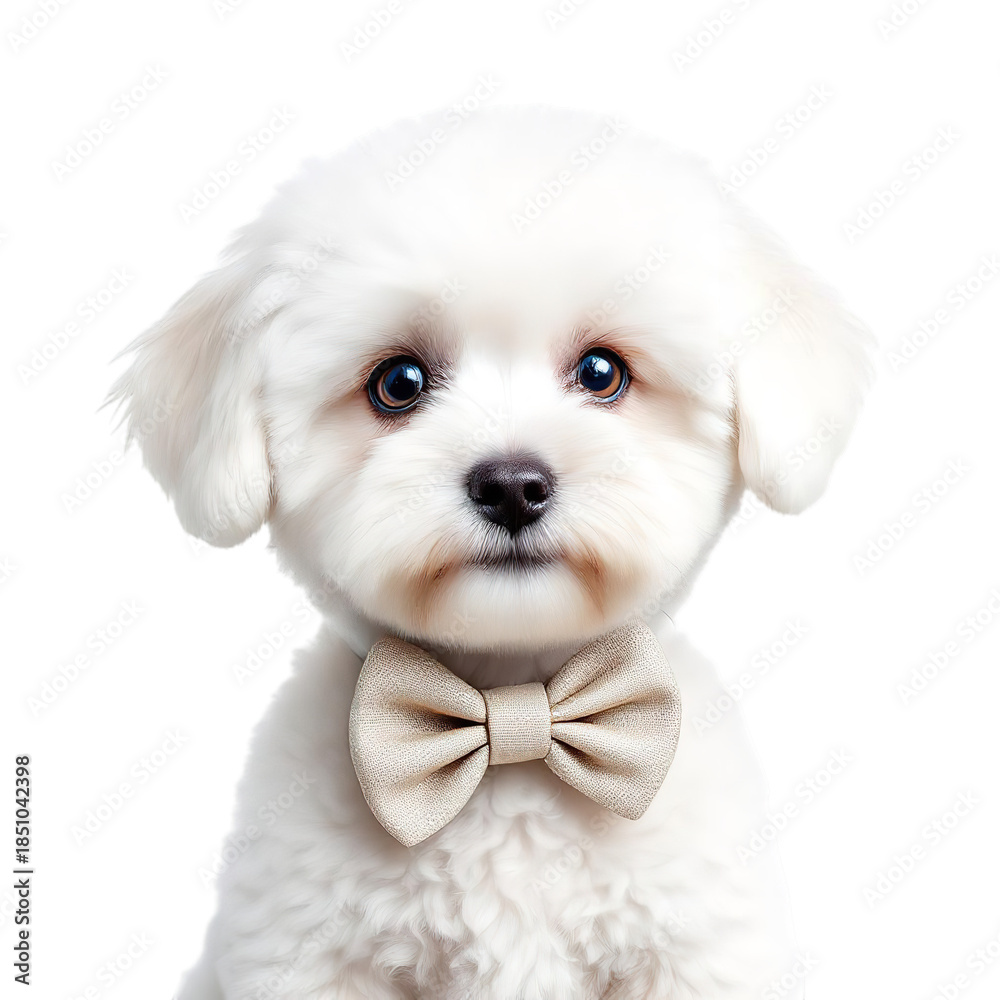 Obraz premium Adorable fluffy white maltese puppy dog portrait wearing a sophisticated beige bow tie on transparent background