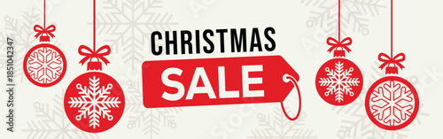 Elegant Christmas sale banner with white background, bold SALE typography and end of season text, decorated with red hanging snowflake baubles and subtle snowflake pattern, perfect for winter retail.
