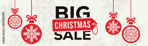 Elegant Christmas sale banner with white background, bold SALE typography and end of season text, decorated with red hanging snowflake baubles and subtle snowflake pattern, perfect for winter retail.