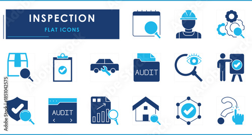 A set of flat icons related to Inspection. Inspect, check, quality, lens, assure, audit, repair, and so on.