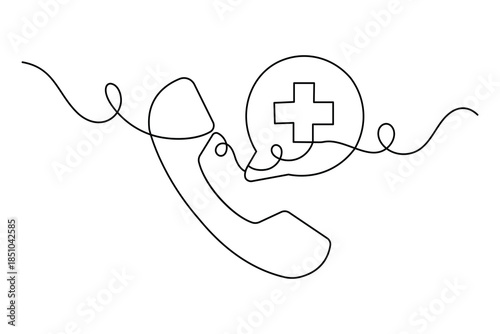 Telephone handset and medical cross in one continuous line drawing