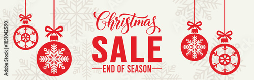 Elegant Christmas sale banner with white background, bold SALE typography and end of season text, decorated with red hanging snowflake baubles and subtle snowflake pattern, perfect for winter retail.