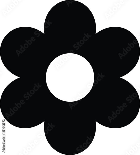 Simple black flower with white center on grey gradient background, graphic, icon, minimalist, modern