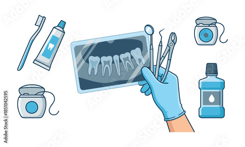 Dentist hand holding X ray with dental tools and hygiene items