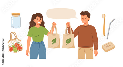 Couple promoting zero waste sustainable lifestyle with eco friendly items