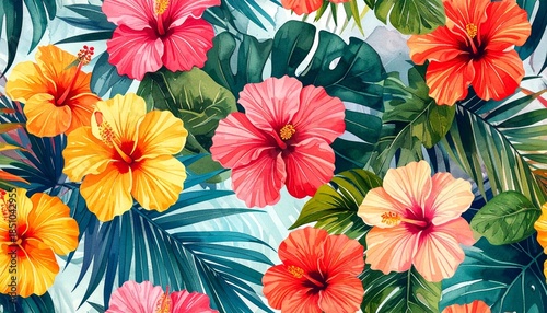 Wallpaper Mural Tropical Floral Pattern with Hibiscus Flowers and Palm Leaves in Bright Colors on Light Background Torontodigital.ca