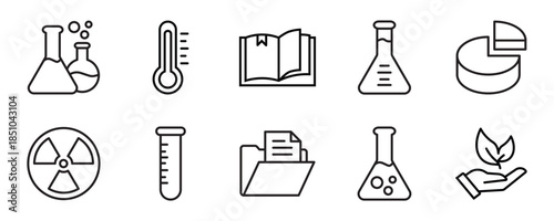 Science and chemistry thin line icon set. Laboratory and scientific research equipment. Vector icons of molecule, atom, DNA, test tube, flask for education.