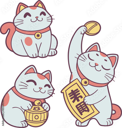 A charming illustration depicts two maneki neko cats one holding a coin and the other a traditional welcome sign