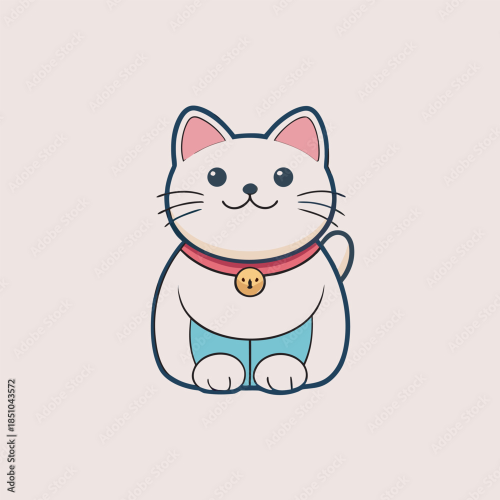 Fototapeta premium A charming cartoon illustration depicts a smiling maneki neko cat with a red collar and waving paw