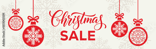 Elegant Christmas sale banner with white background, bold SALE typography and end of season text, decorated with red hanging snowflake baubles and subtle snowflake pattern, perfect for winter retail.