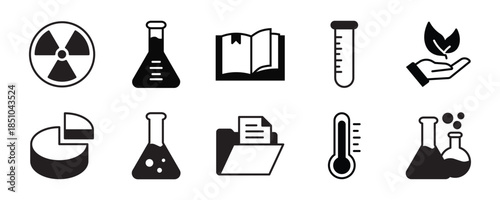 Science and chemistry thin line icon set. Laboratory and scientific research equipment. Vector icons of molecule, atom, DNA, test tube, flask for education.