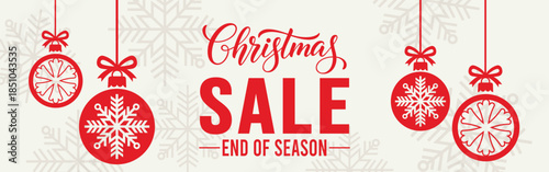 Elegant Christmas sale banner with white background, bold SALE typography and end of season text, decorated with red hanging snowflake baubles and subtle snowflake pattern, perfect for winter retail.