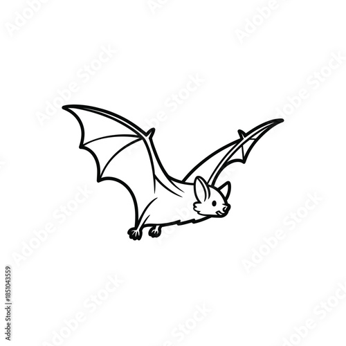 A simple black and white illustration of a bat in flight