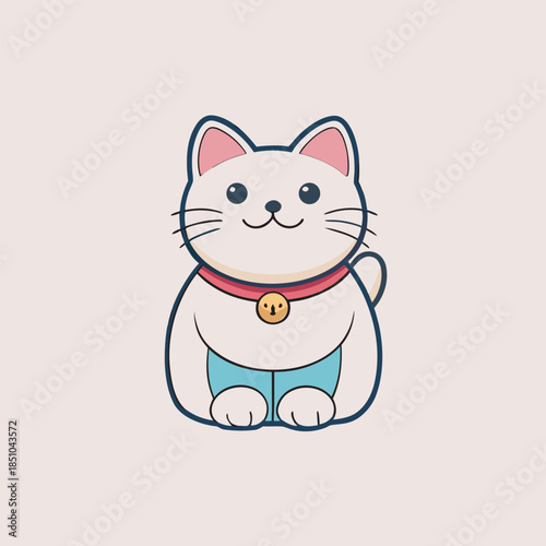 A charming cartoon illustration depicts a smiling maneki neko cat with a red collar and waving paw