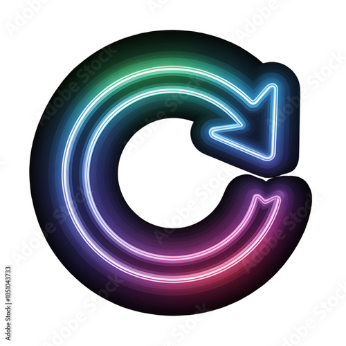 A vibrant neon arrow curving into a circular shape against a dark background