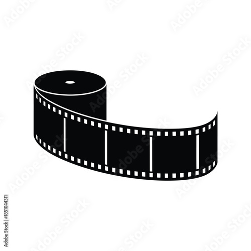 A black and white illustration of a film reel and strip