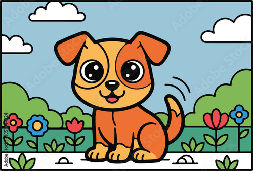 Adorable cartoon puppy wagging its tail happily in a vibrant garden full of colorful flowers Vector Design