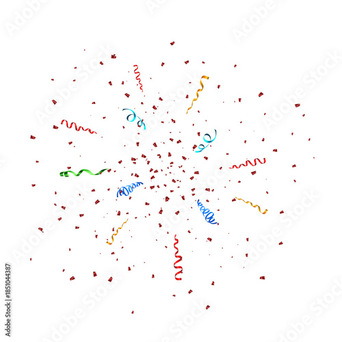 Shiny Red Particle Confetti Blast With Multicolor Serpentine Ribbons Isolated On Transparent Background