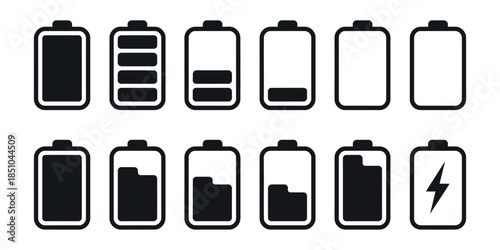 Black Battery Charge Icons – Minimal Power Level Indicator Vector Design