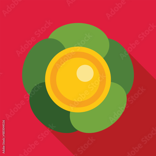 Green brussels sprout vegetable with a yellow center and long shadow on red background