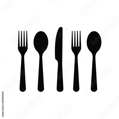 Black and white illustration of cutlery set including forks and spoons