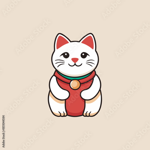 A charming illustration depicts a traditional maneki neko a beckoning cat with a red collar and coin