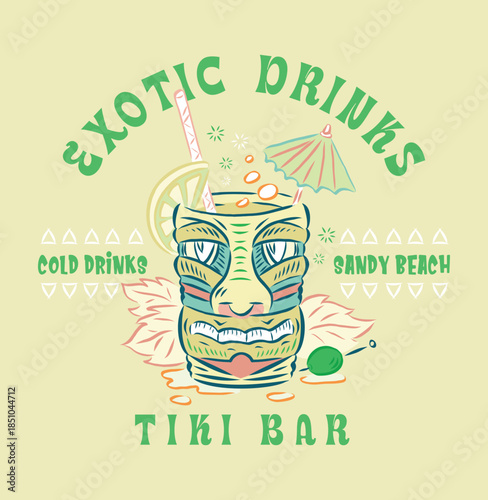 Stylized illustration of an exotic drink, alluding to a Tiki Bar.