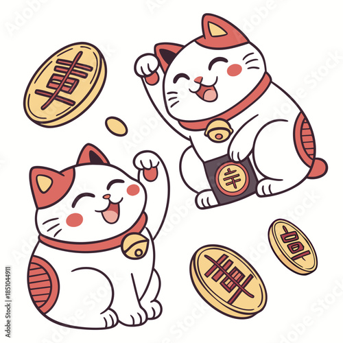 Two adorable maneki neko cats are waving surrounded by gold coins and traditional japanese symbols representing good fortune