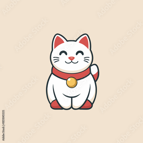 A charming illustration of a maneki neko a beckoning lucky cat with a red collar and cheerful expression