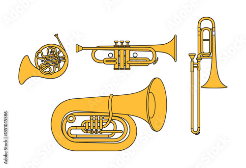 Brass orchestral instruments playing music vector illustration
