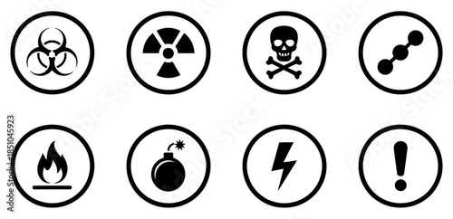 Warning Hazard Icons – Biohazard, Radiation, Flammable, Chemical and High Voltage Vector Set
