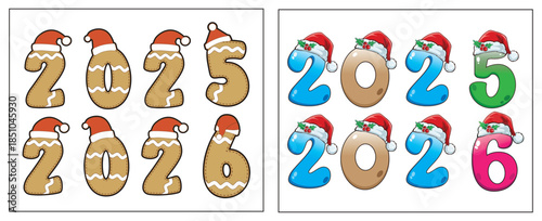 Set of 2025 and 2026 numbers as gingerbread cookies and colorful cartoon digits wearing Santa hats, Christmas and New Year vector illustration.