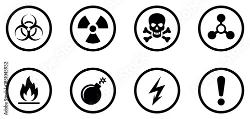 Hazard Danger Icons Set – Biohazard, Radiation, Poison Skull, Explosive and High Voltage Symbols