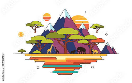 African safari wildlife landscape with Kilimanjaro mountain and wild animals