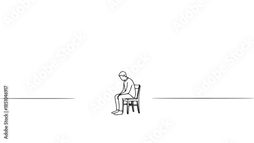 Minimalist line drawing illustration of a lone person sitting on a chair with head down in contemplation or sadness against a stark white background with a subtle horizon line