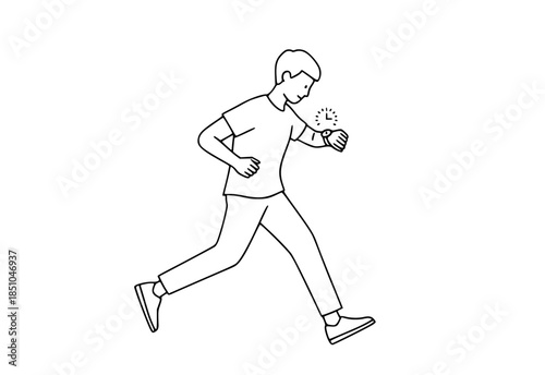 Line art illustration of a fit young man running outdoors checking his smartwatch for fitness tracking and time during his workout session in a minimalist style
