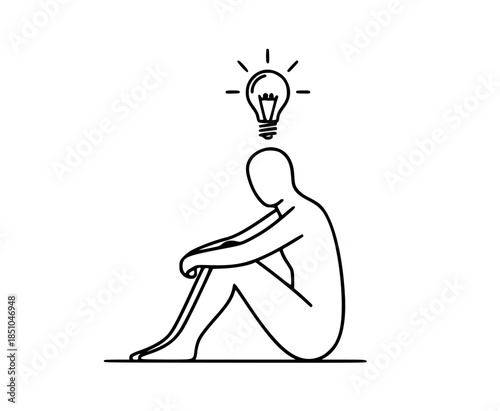 Minimalist line art illustration of a person sitting with knees pulled to chest, a glowing light bulb symbolizing an idea above their head, representing thinking or inspiration