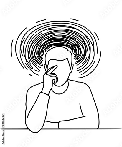 A man sits at a table with his hand on his face, experiencing stress or anxiety, illustrated in a simple line drawing style with swirling lines above his head