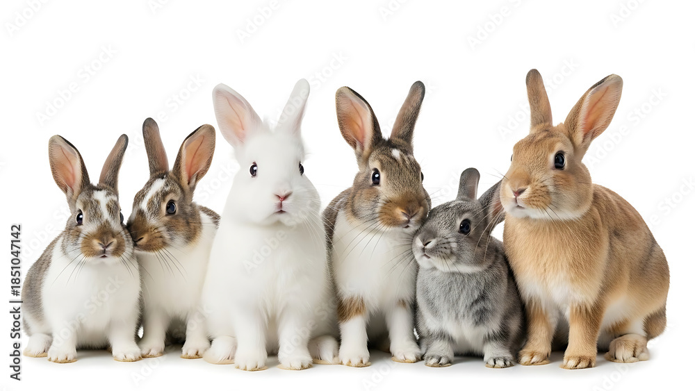 Fototapeta premium A group of adorable young bunnies standing in a row on a white background, showcasing their diverse fur patterns and floppy ears