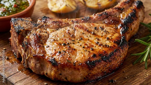 A close-up, appetizing shot of a perfectly grilled pork chop, seasoned with pepper and herbs, served on a rustic wooden board with a side of herb