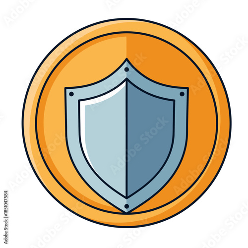 A shield icon centered within a circular orange background
