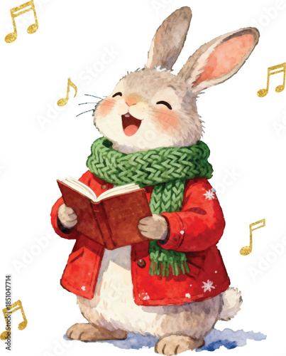 Watercolor Cheerful Rabbit Singing Carol in Winter Clothes Illustration