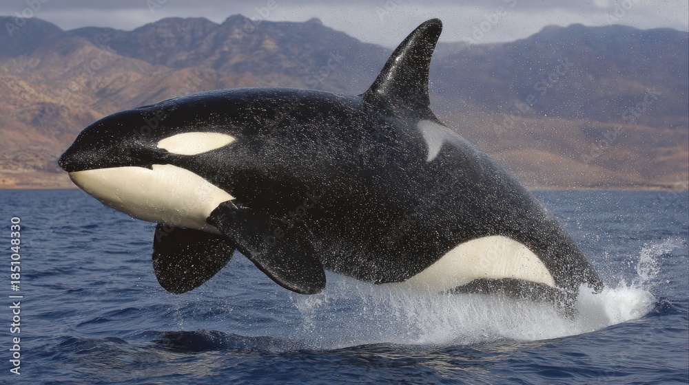 Obraz premium Orca whale leaps from the ocean with splashes in front of coastal mountains.