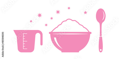 Establish the flour bowl icon. Ingredients for baking. Healthy organic produce. Utensil cup for the kitchen. Cooking dough. Vector

