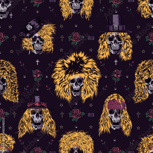 Hair Metal Skulls with Stars and Roses Seamless Pattern