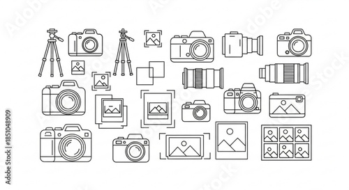 Collection of outline icons representing cameras lenses tripods and photographic images for graphic design and technology concepts