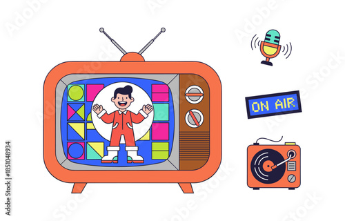Retro television with cartoon character broadcasting entertainment